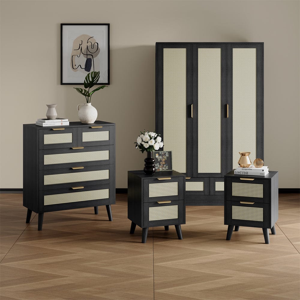 Boho 4 Piece Rattan Bedroom Wardrobe Set With Chest Drawer And Bedside Furniture Maxi Boho 4 Piece Rattan Bedroom Wardrobe Set With Chest Drawer And Bedside Furniture Maxi