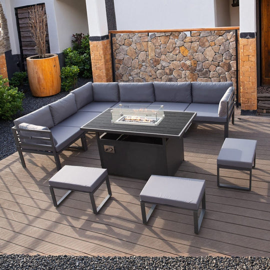 Hamburg Outdoor 9-Seater Garden Modular Steel Dining Set With Fire Pit Table