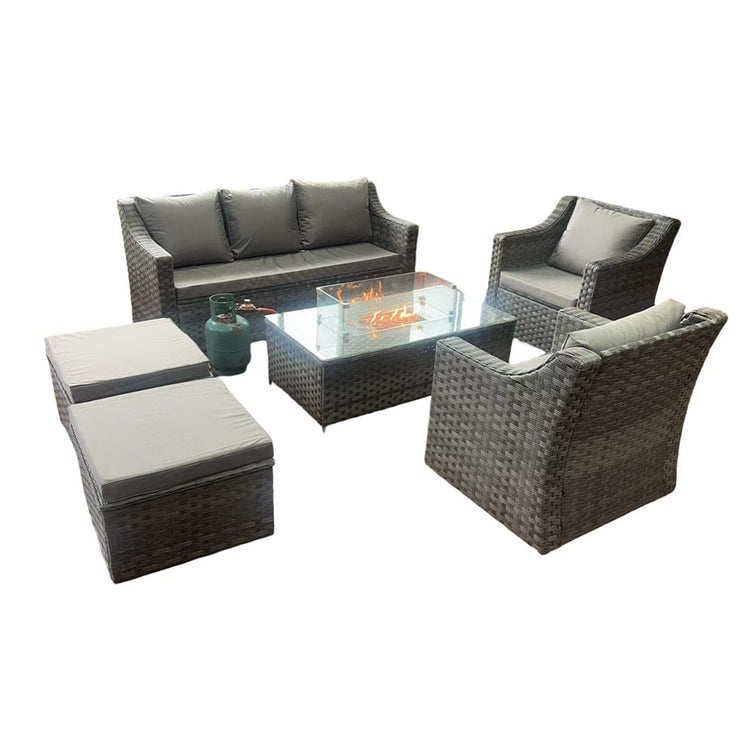 Rosen 7 Seater Grey Rattan Garden Sofa Set With Swivel Chair And Fire Pit  Coffee Table Option