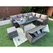 Rosen 9 Seater Rattan Garden Dining Set With Storage Bench In Grey