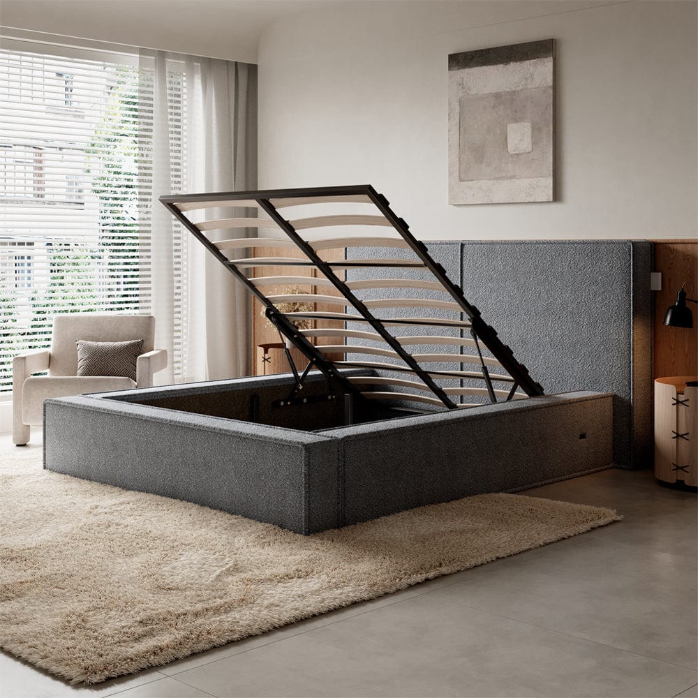 Tessa Grey Boucle Teddy Fleece Pneumatic Bed Double Bed Frame With USB charger/King £119