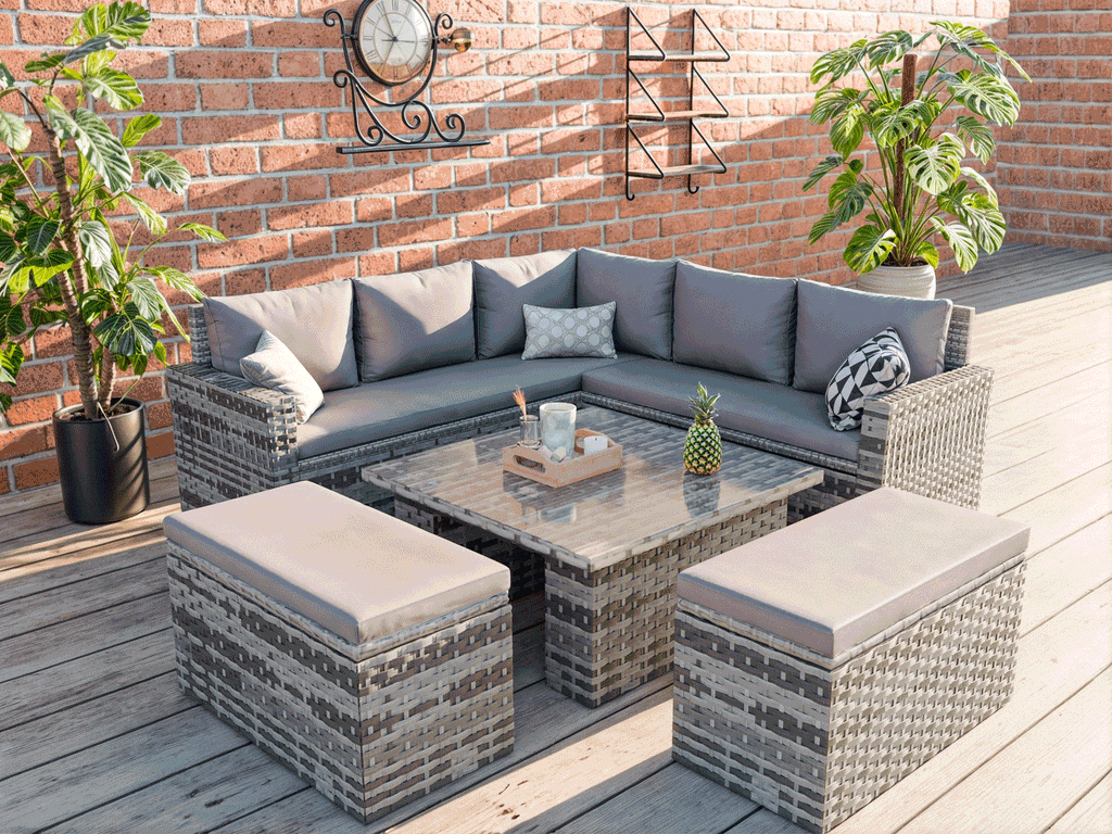 Rosen 9 Seater Rattan Dining Corner Sofa Set with Rising Table In Grey with rain cover option