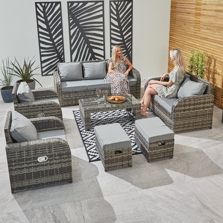 Lotus 9 Seater Rattan Garden Furniture Recliner Cube Sofa Set In Grey