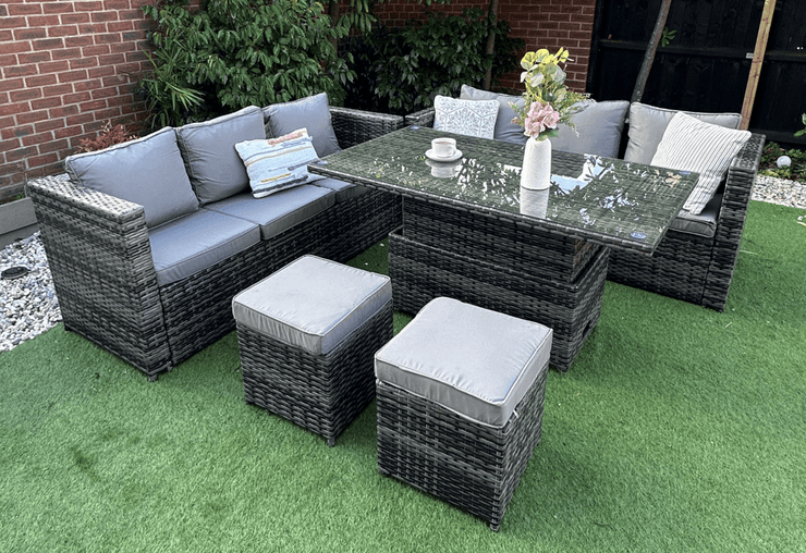 Lotus Outdoor 8 Seater Rattan Garden Sofa with Fire Pit Or Lift Up Table Set