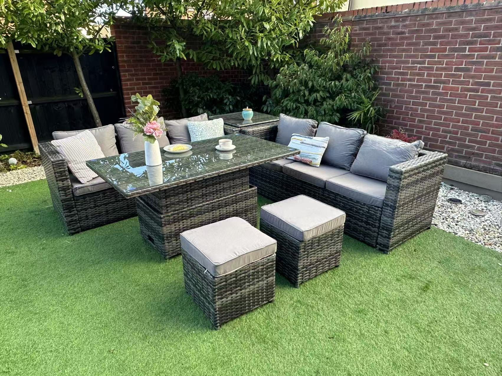 Lotus Outdoor 8 Seater Rattan Garden Sofa with Fire Pit Or Lift Up Table Set