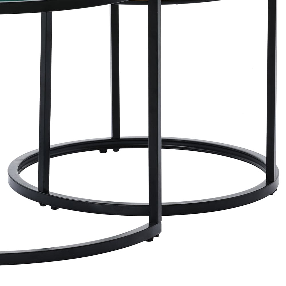 Boho Set of 2 Nesting Round End Side Coffee Tables With Glass And Rattan Top