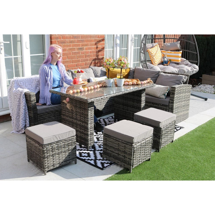 Rosen 9 Seater Rattan Garden Furniture Right Facing Corner Sofa Dining Set In Grey