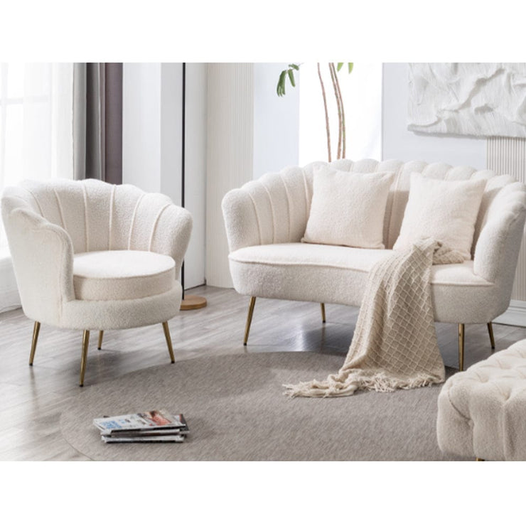 Mollis Plush Boucle Shell Chair & 2 Seater Sofa Set In Beige