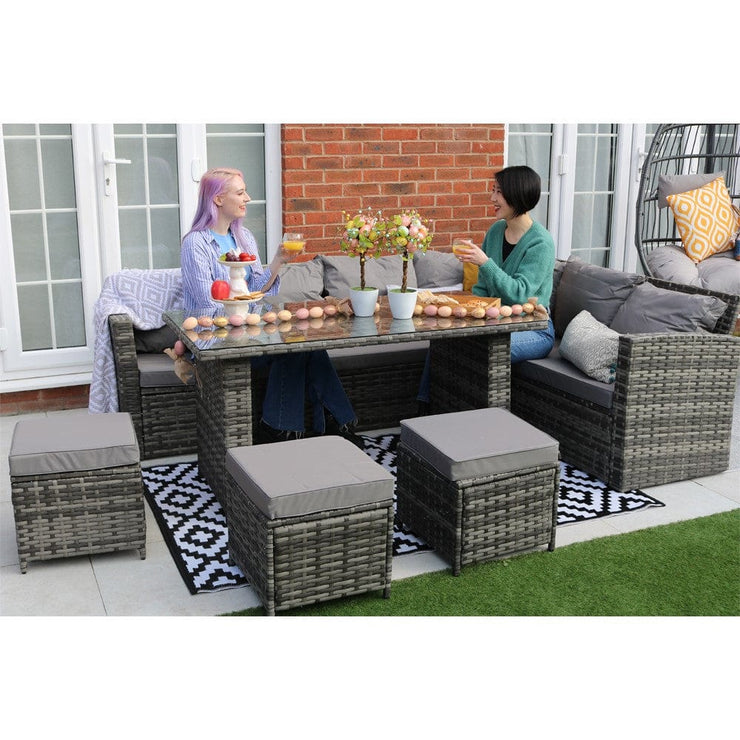 Rosen 9 Seater Rattan Garden Furniture Right Facing Corner Sofa Dining Set In Grey