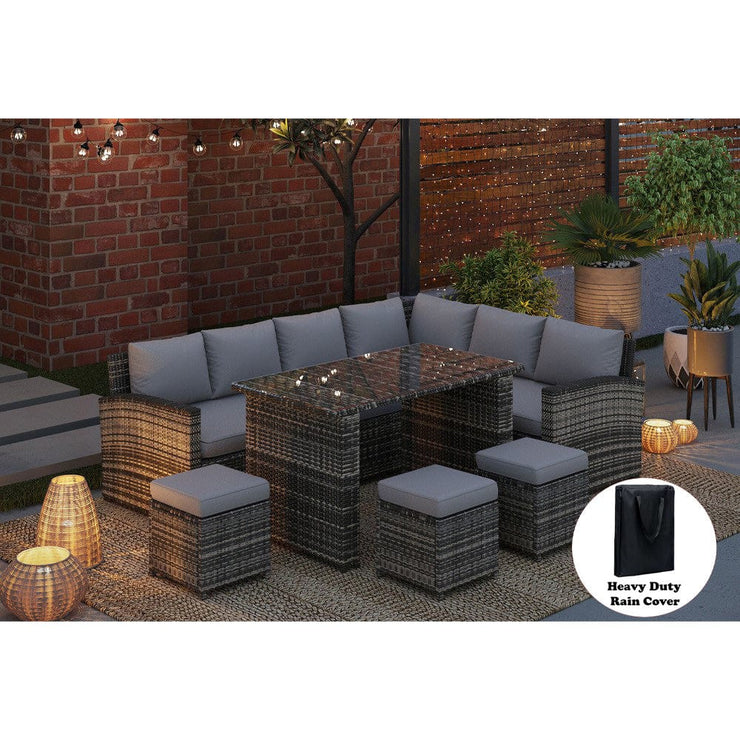 Rosen 9 Seater Rattan Garden Furniture Right Facing Corner Sofa Dining Set In Grey