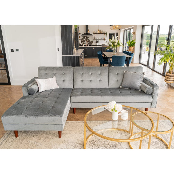 Avery Chaise End Velvet Corner Sofa In Grey