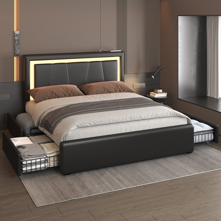 Modern White PU Bed Frame with 4 Drawers and LED Light Head Board and Charging Ports