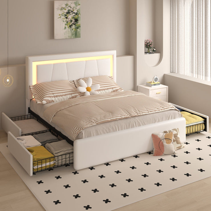 Modern White PU Bed Frame with 4 Drawers and LED Light Head Board and Charging Ports