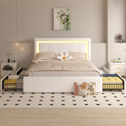 Modern White PU Bed Frame with 4 Drawers and LED Light Head Board and Charging Ports