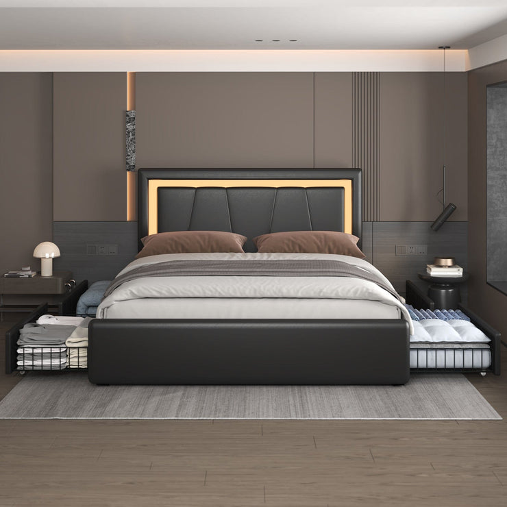 Modern White PU Bed Frame with 4 Drawers and LED Light Head Board and Charging Ports