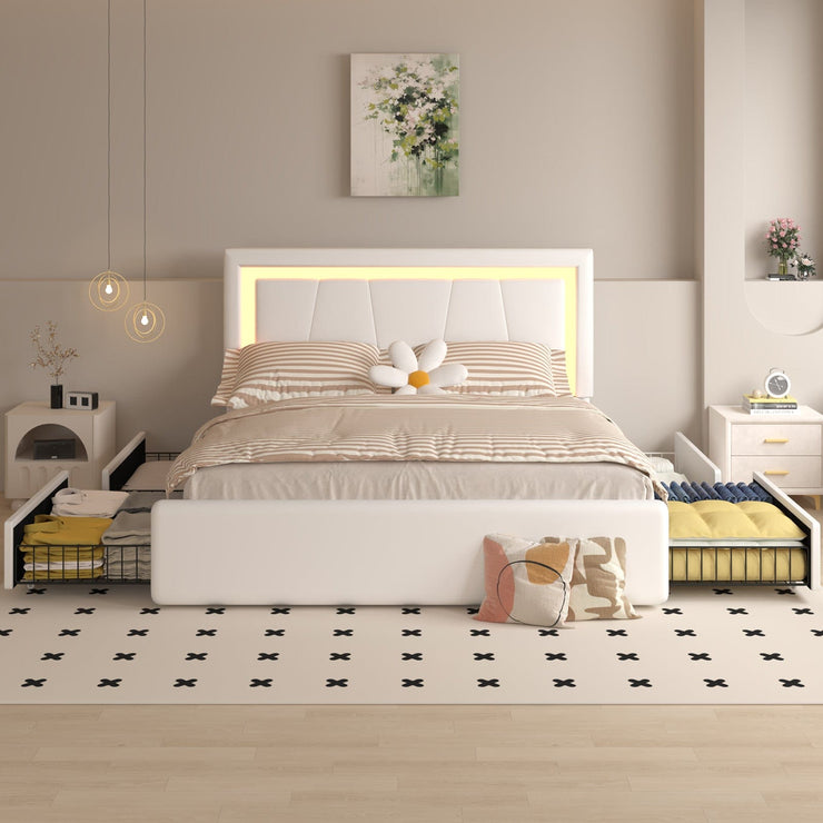 Modern White PU Bed Frame with 4 Drawers and LED Light Head Board and Charging Ports