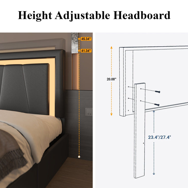 Modern White PU Bed Frame with 4 Drawers and LED Light Head Board and Charging Ports