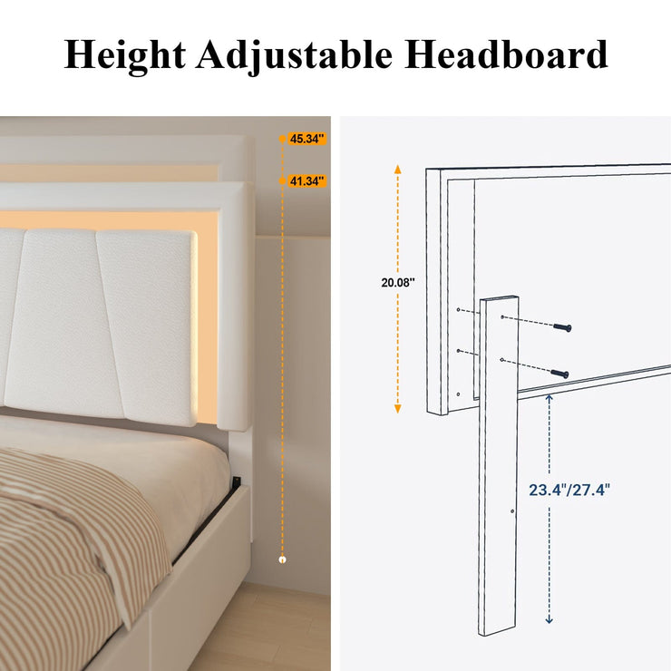 Modern White PU Bed Frame with 4 Drawers and LED Light Head Board and Charging Ports