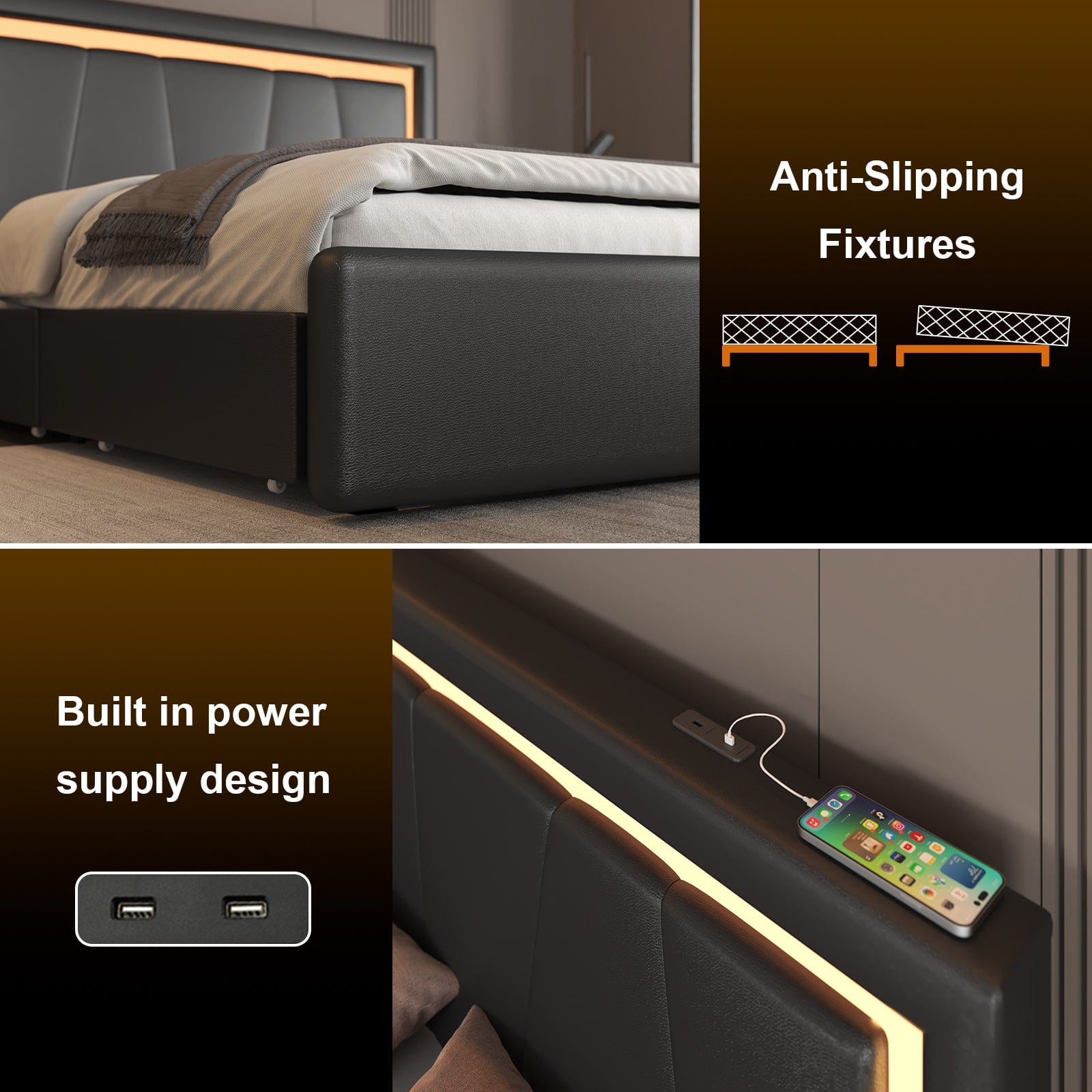 Modern White PU Bed Frame with 4 Drawers Storage and LED Light Head Board and Charging Ports