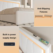 Modern White PU Bed Frame with 4 Drawers and LED Light Head Board and Charging Ports