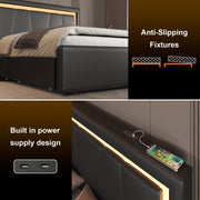 Modern White PU Bed Frame with 4 Drawers and LED Light Head Board and Charging Ports