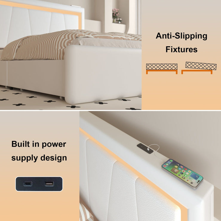Modern White PU Bed Frame with 4 Drawers and LED Light Head Board and Charging Ports
