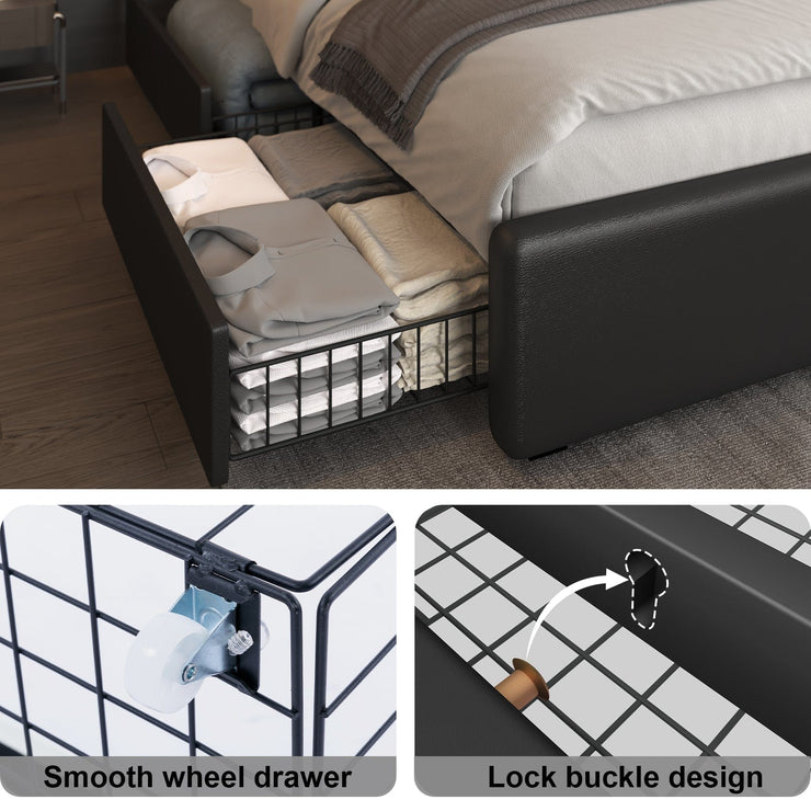 Modern White PU Bed Frame with 4 Drawers and LED Light Head Board and Charging Ports