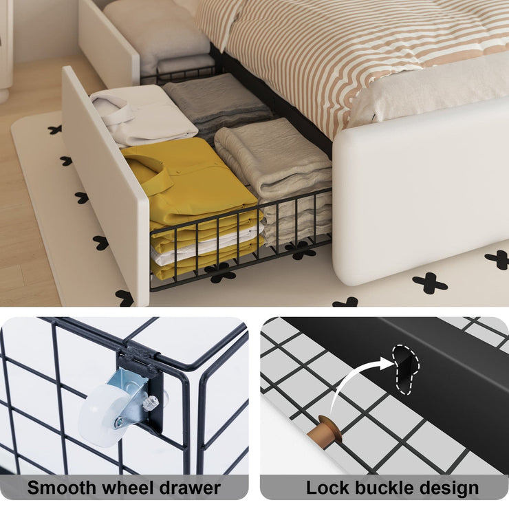 Modern White PU Bed Frame with 4 Drawers and LED Light Head Board and Charging Ports