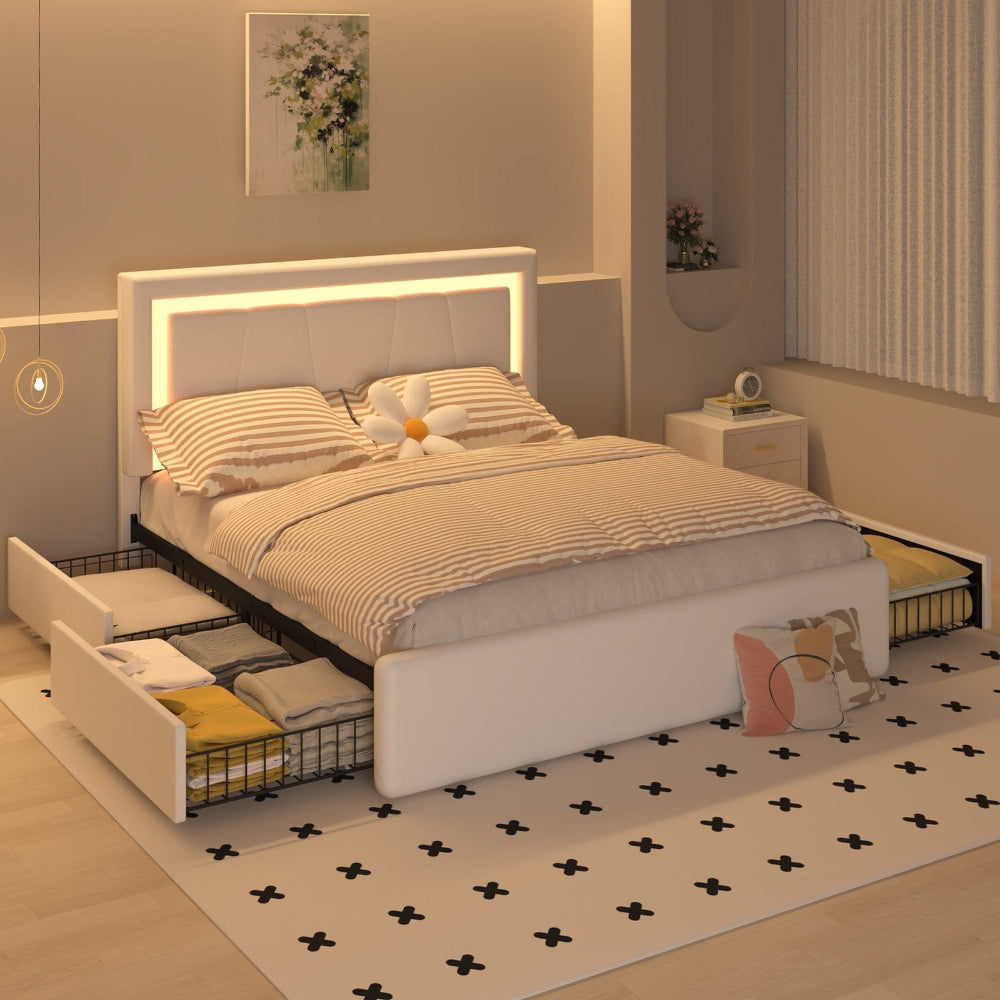 Modern White PU Bed Frame with 4 Drawers Storage and LED Light Head Board and Charging Ports