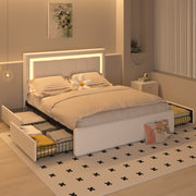 Modern White PU Bed Frame with 4 Drawers and LED Light Head Board and Charging Ports