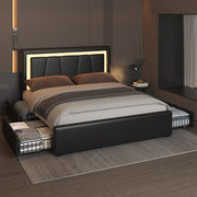 Modern White PU Bed Frame with 4 Drawers and LED Light Head Board and Charging Ports