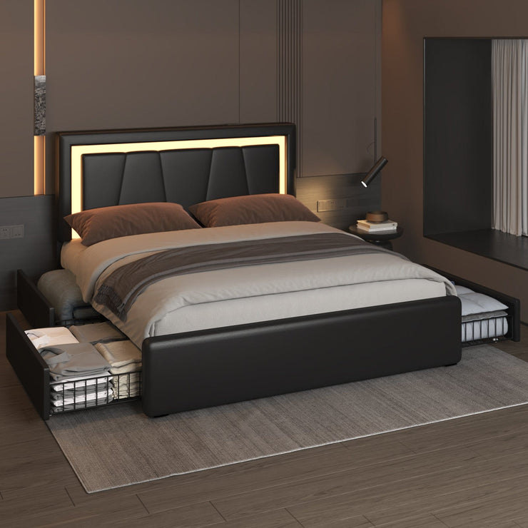 Modern White PU Bed Frame with 4 Drawers and LED Light Head Board and Charging Ports