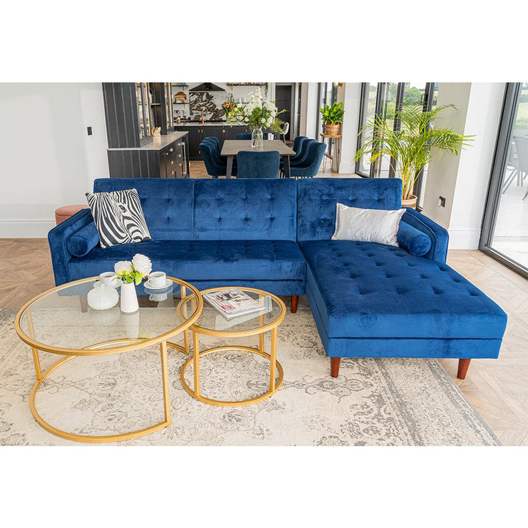 Avery Chaise End Velvet Corner Sofa In Blue