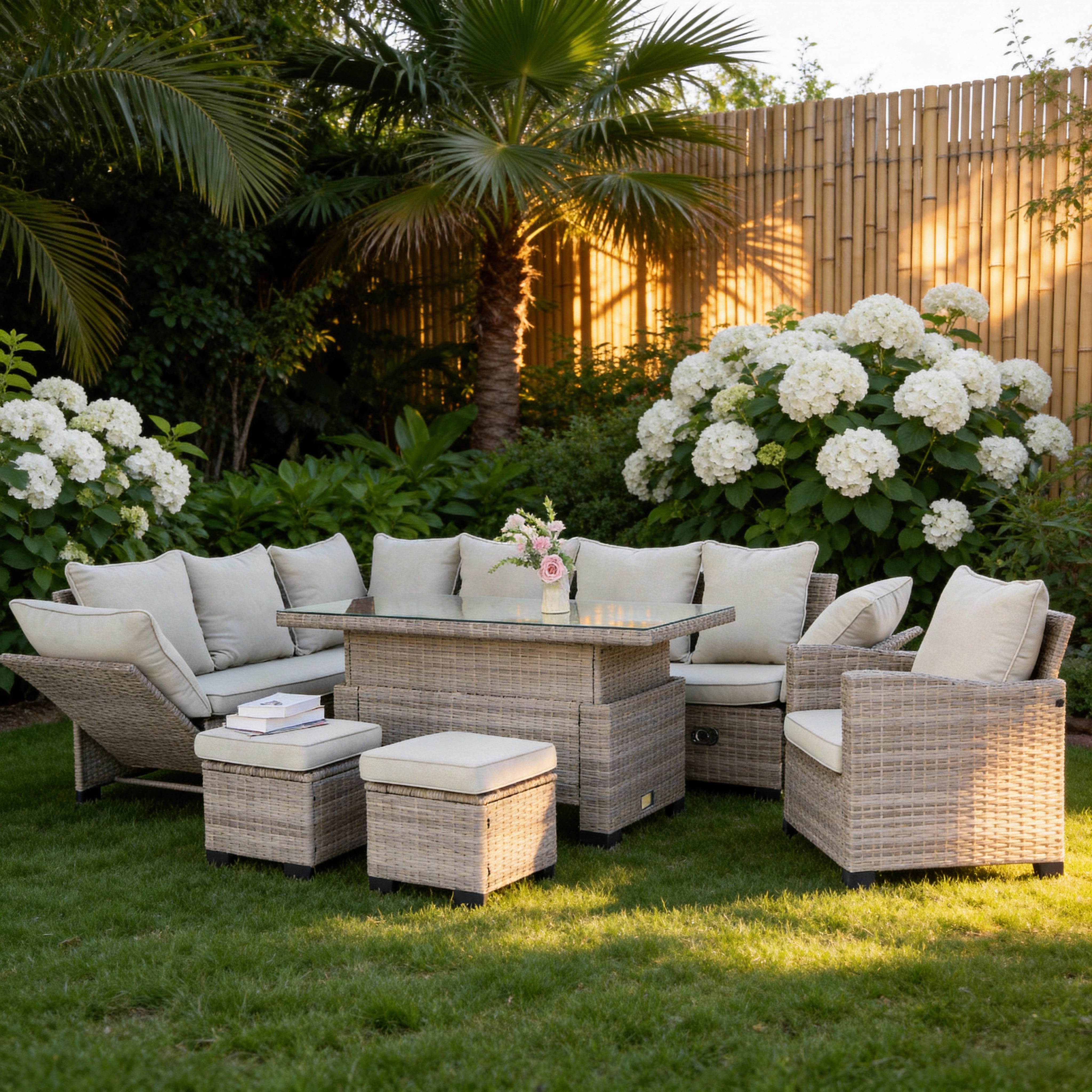 Rosen 9 Seater Rattan Garden Furniture Arm Reclining Corner Sofa Set With Rising Table