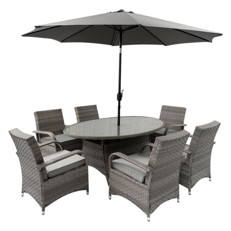 Aura 6 Seater Armchair Oval Rattan Garden Furniture Dining Set With Parasol Option