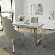 Etta White Marbled Effect Trestle Dining Table Set with 4 Velvet Button Back Chairs