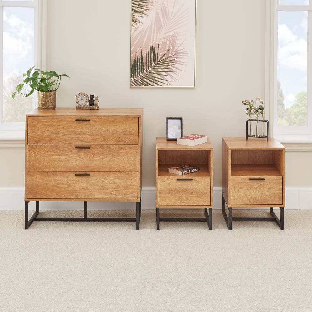 Belluno Industrial Style 3 Piece Bedroom Set With Chest and 2 Bedside Tables