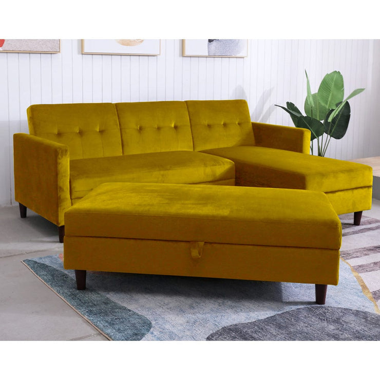 Destin Reversible Mustard Velvet Corner Sofa With Storage Chaise and Ottoman Bench