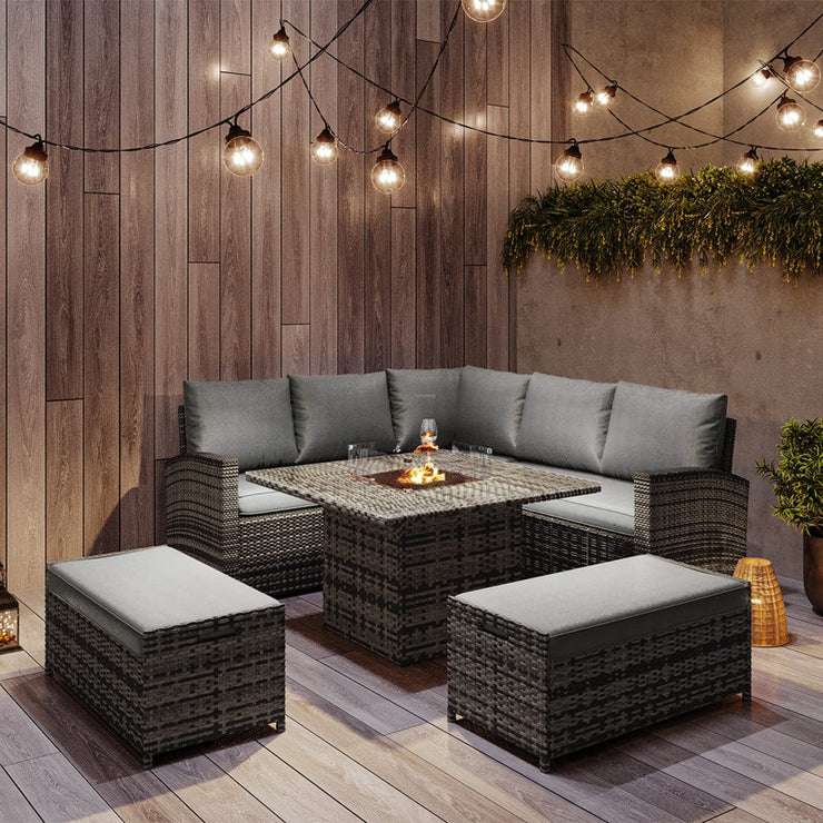 Rosen Rattan Garden Furniture 9 Seater Corner Sofa Set with Fire pit Dining Table in Grey