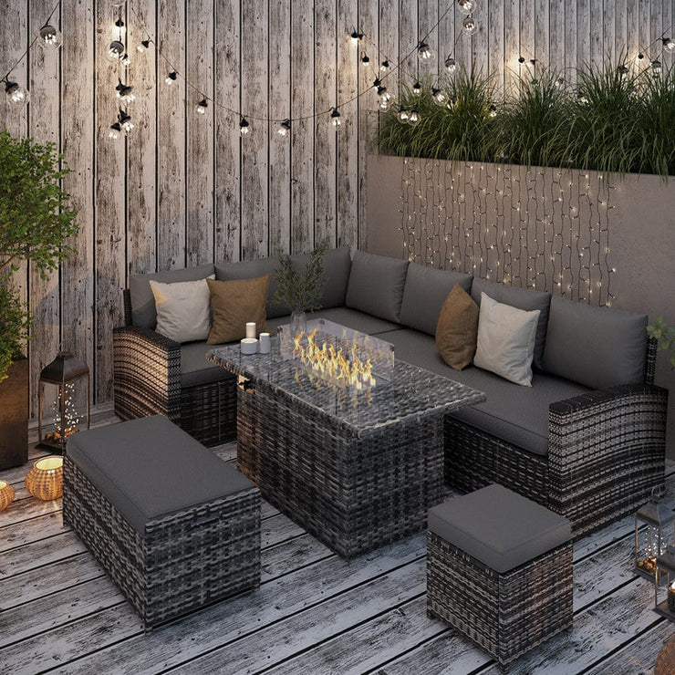 Rosen 9 Seater Rattan Garden Furniture Corner Sofa Set with Fire pit Dining Table and Storage Box in Grey