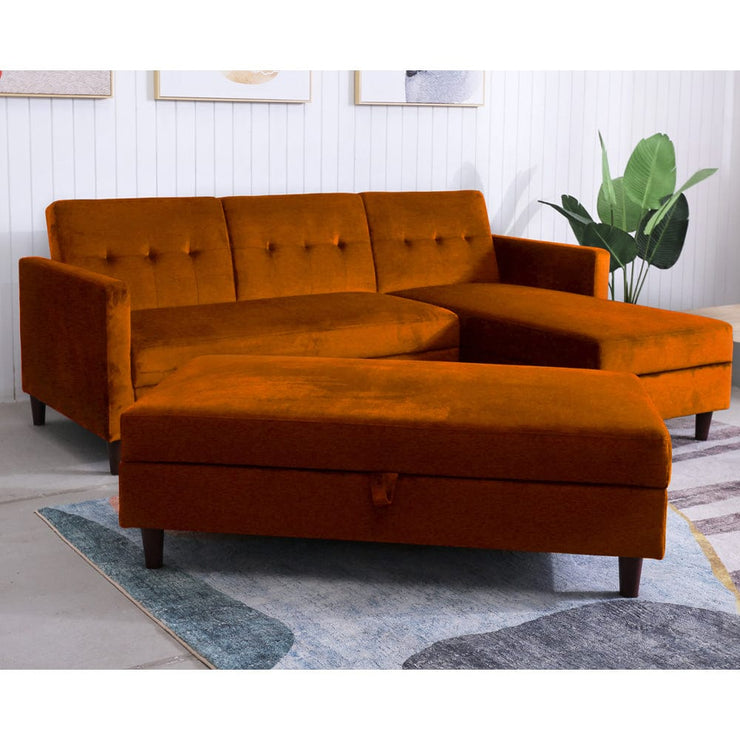 Destin Reversible Orange Velvet Corner Sofa With Storage Chaise and Ottoman Bench