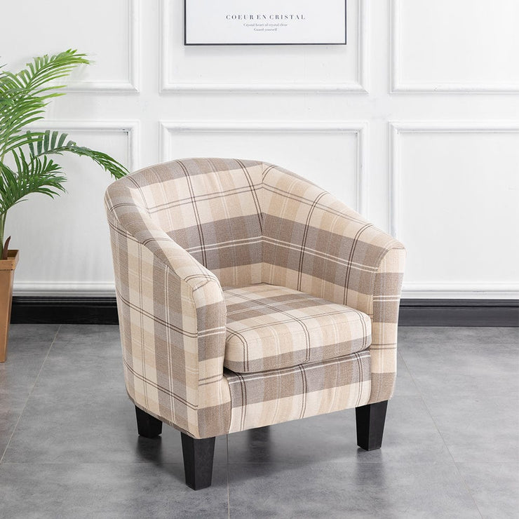 Ascot Tartan Linen Fabric Tub Chair Armchair In Cream