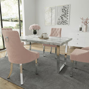 Etta White Marbled Effect Trestle Dining Table Set with 4 Velvet Button Back Chairs