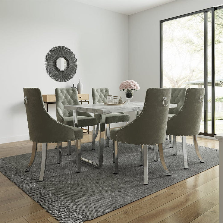 Etta White Marbled Effect Trestle Dining Table Set with 6 Velvet Button Back Chairs