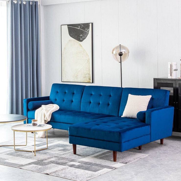 Avery Chaise End Velvet Corner Sofa In Blue