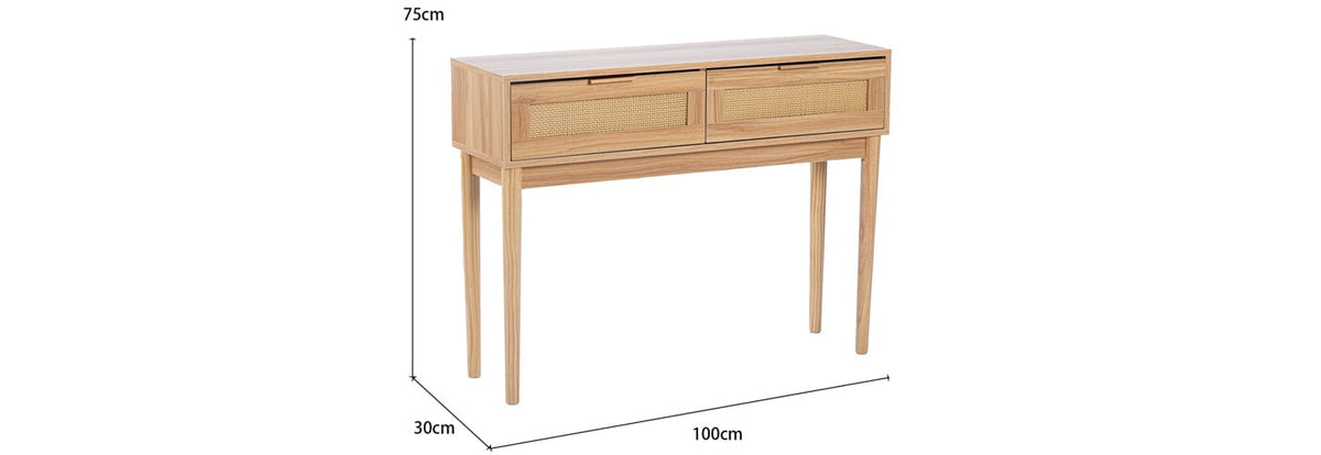 Retro Oak Rattan 2 Drawers Sideboard Side Table Console Table