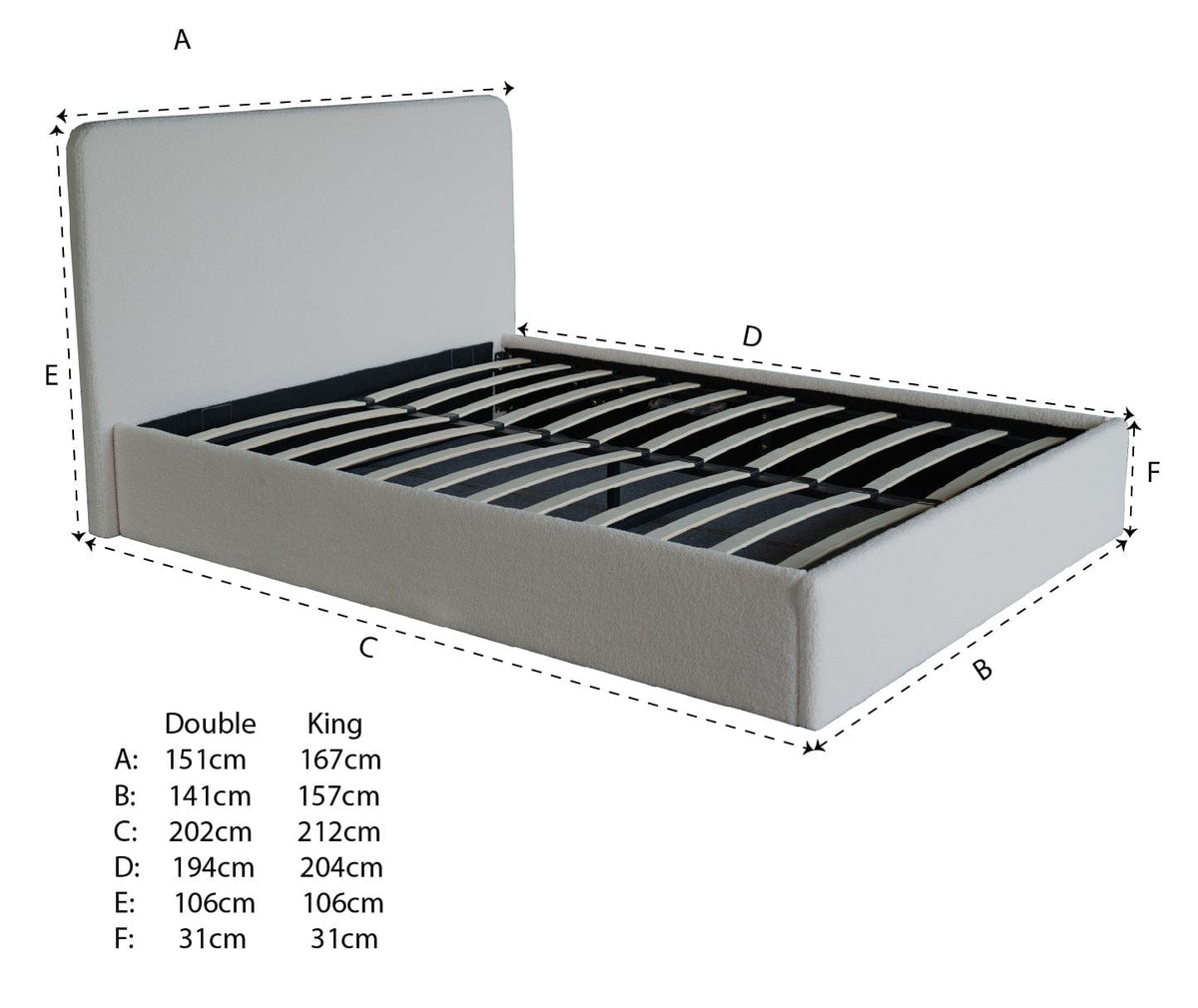Elvie Ottoman Storage Pneumatic Lift Up Bed Frame Double or King Bed Beige Boucle Vine Green Velvet Navy Blue Velvet