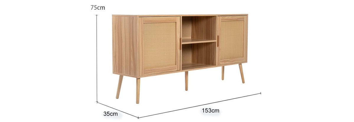Retro Oak Rattan Sideboard Display Side Cabinet Tv Stand