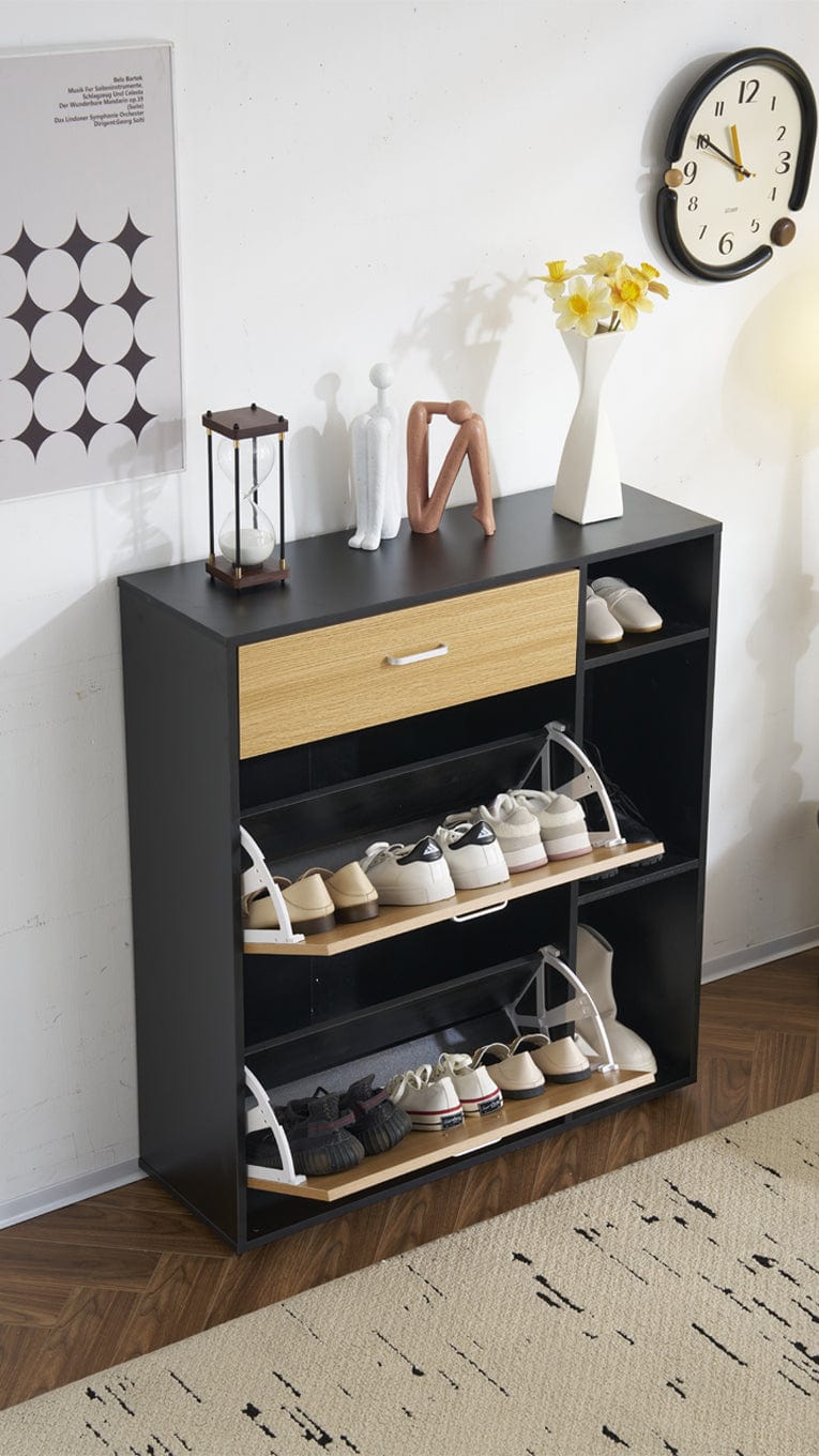 Heritage Black+Oak Shoe Storage Cabinet Shoe Rack Organizer With Drawer