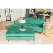 Destin Reversible Green Velvet Corner Sofa With Storage Chaise and Ottoman Bench
